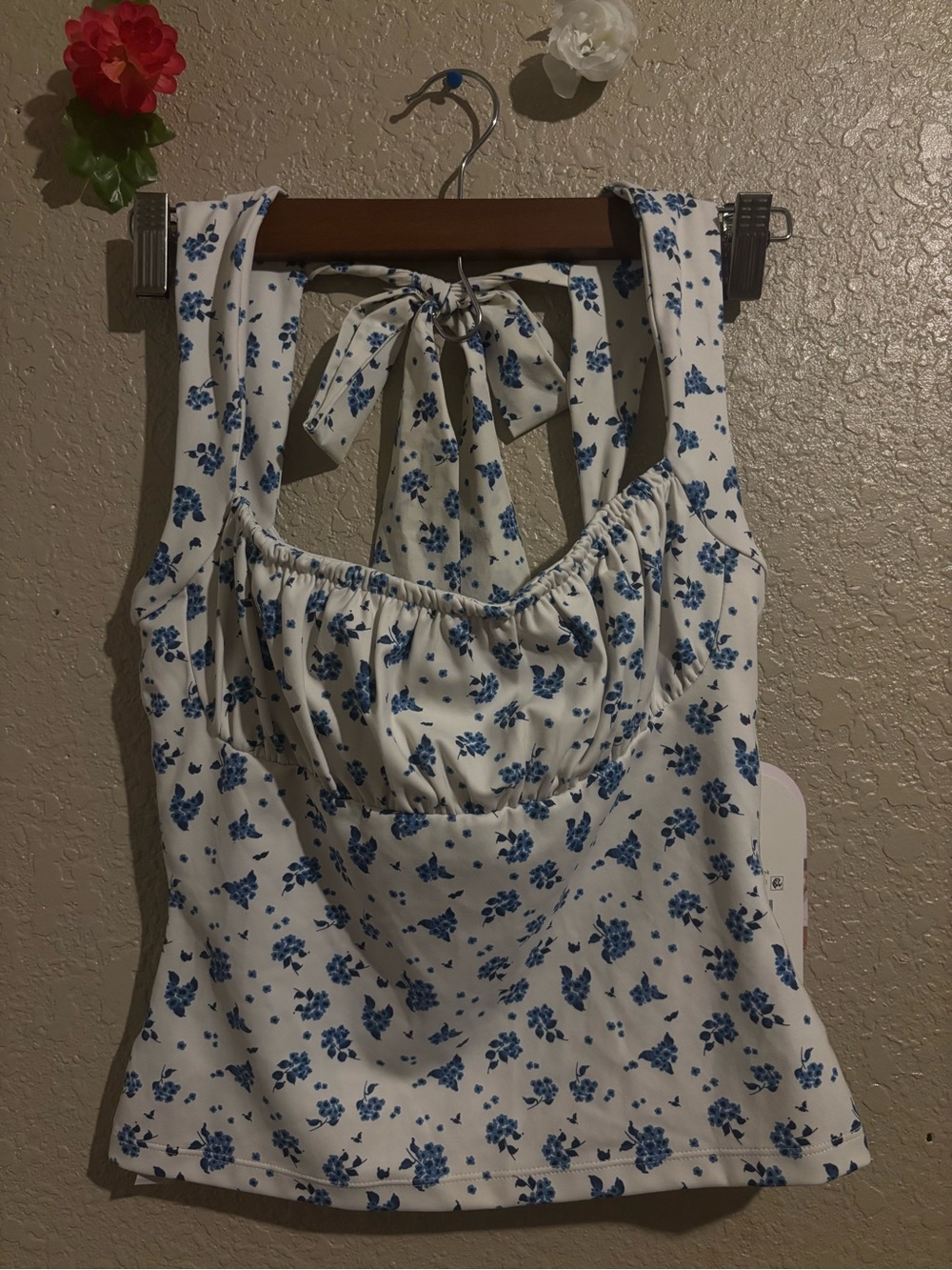 Blue Floral Tie-Back White Camisole